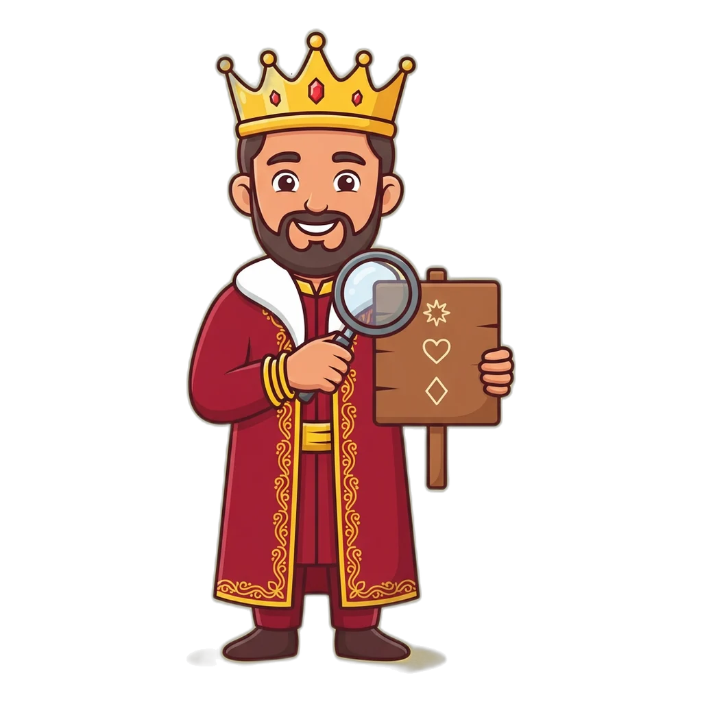 Cartoon king mascot with a magnifying glass over a signboard of Delhi draw names and their times