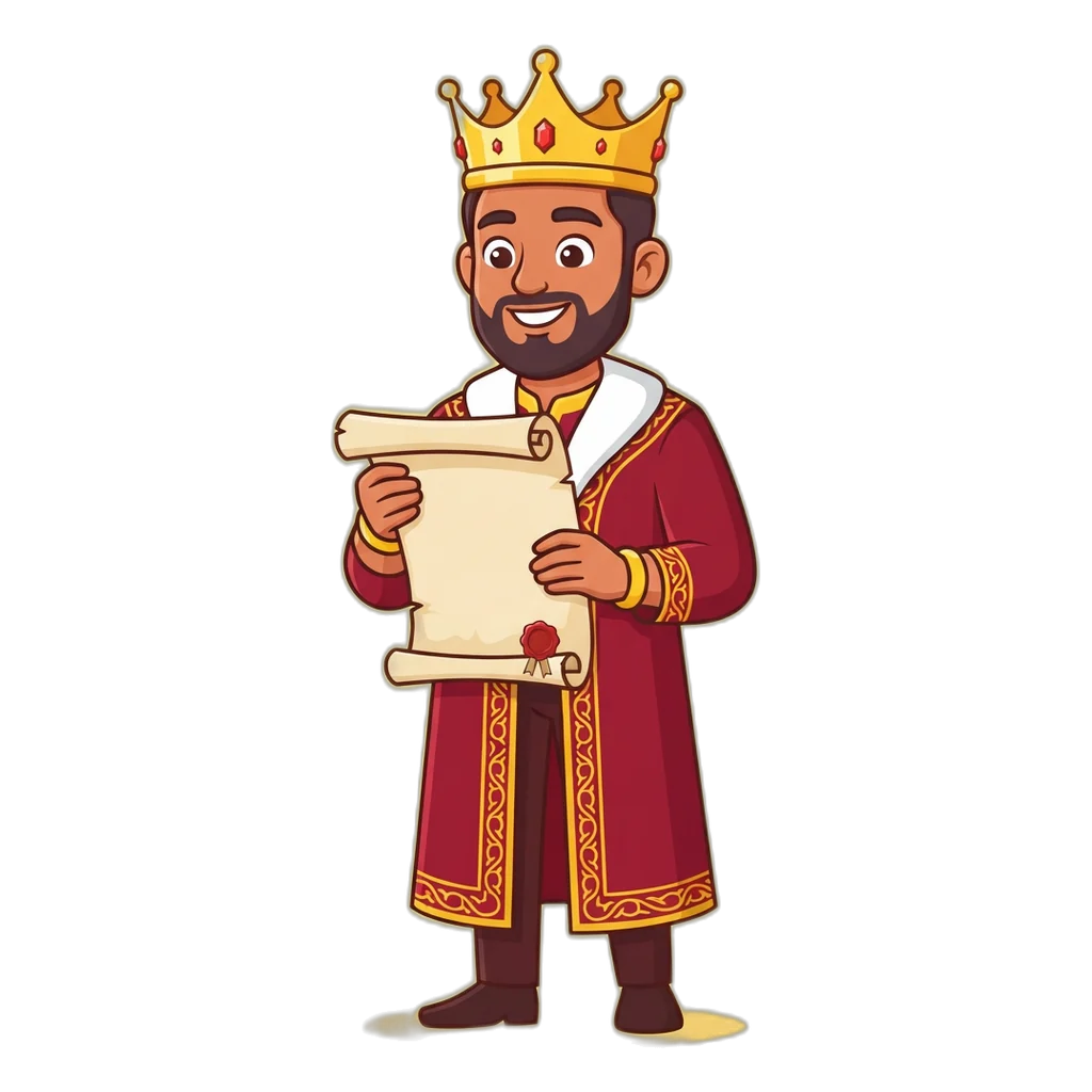 Cartoon king mascot reading a scroll, the disclaimer for everything shown on this site