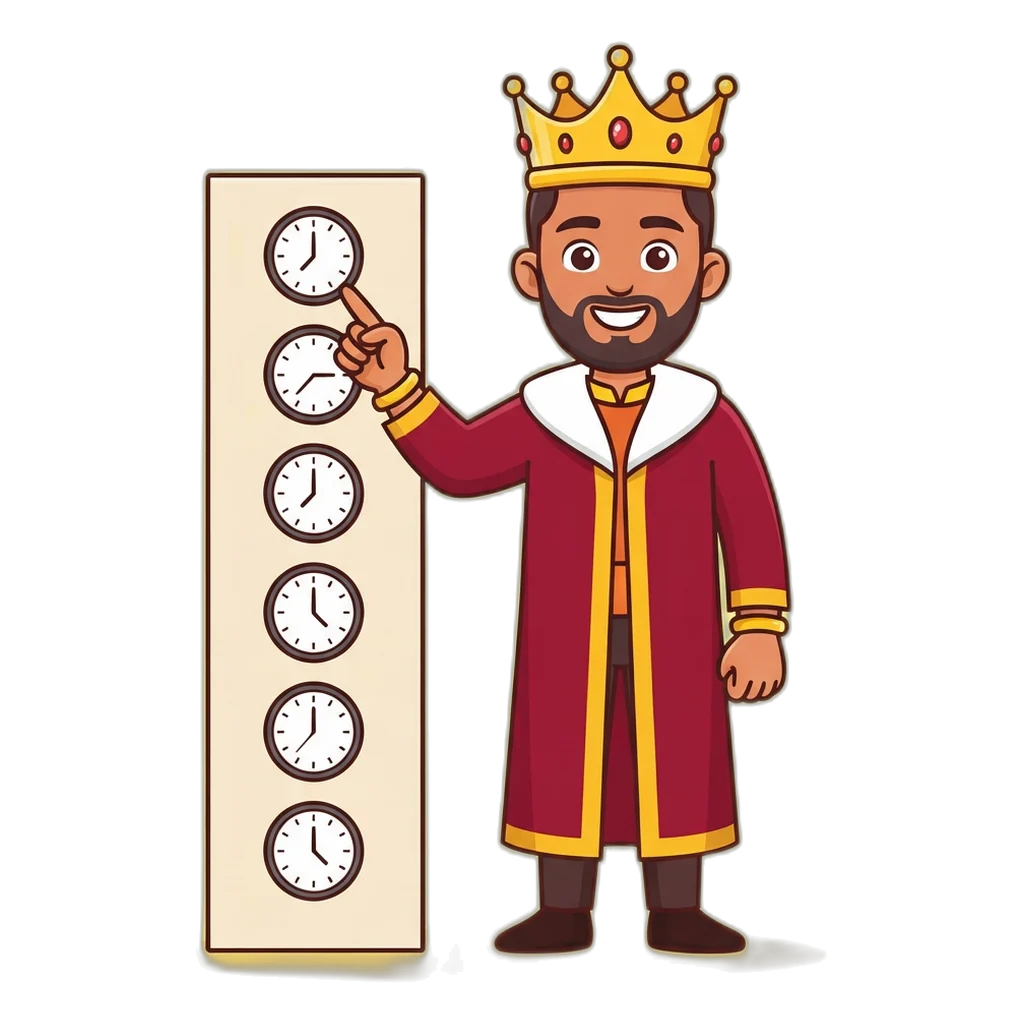 Cartoon king mascot beside a board of clocks showing the different draw times