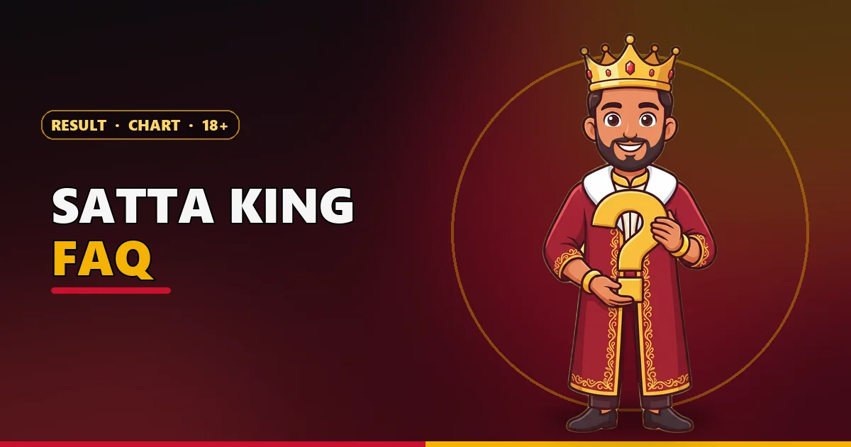 Cartoon king mascot holding a gold question mark for the Satta King FAQ