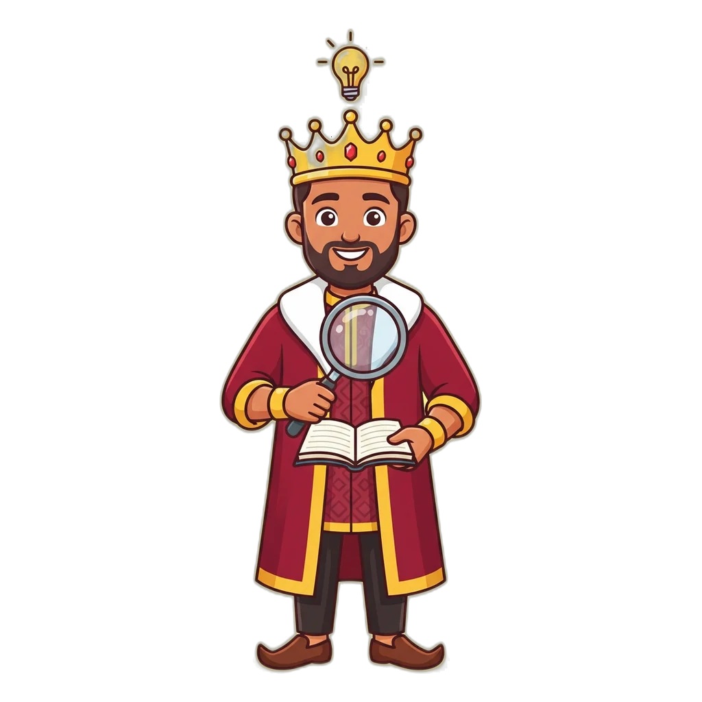 Cartoon king mascot with a magnifying glass, finding the right answer