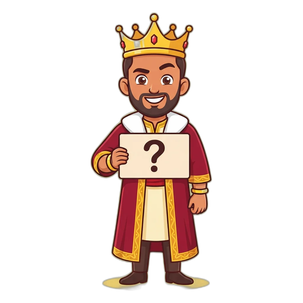 Cartoon king mascot holding a question-mark board for the Satta King FAQ