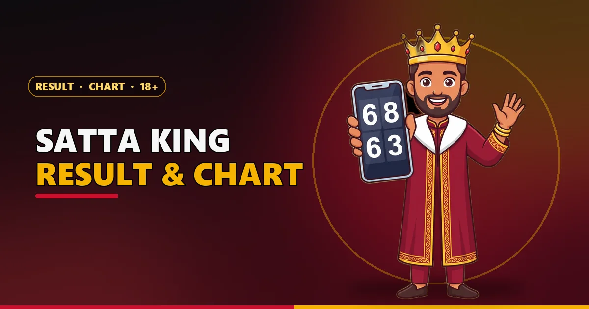Cartoon king mascot holding a phone with the Satta King result board on the home banner