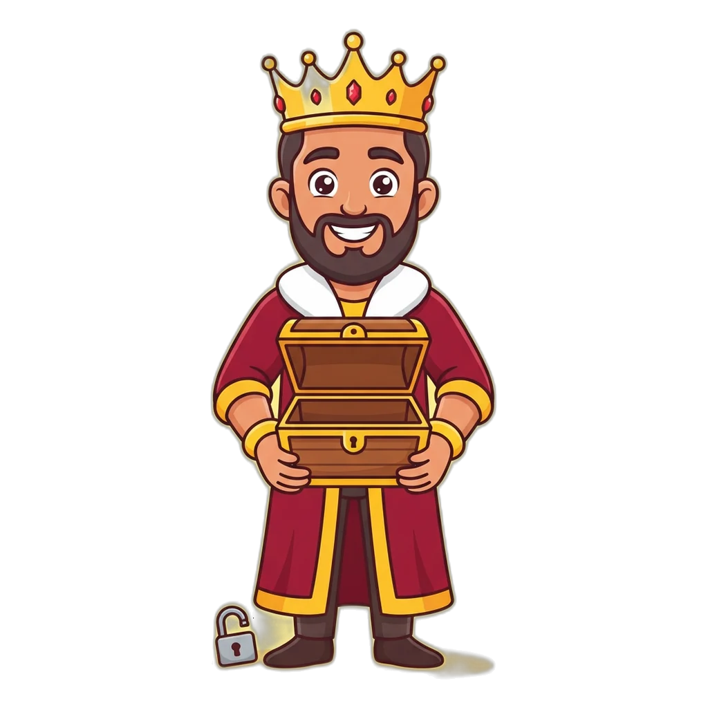 Cartoon king mascot showing an empty chest: the privacy policy in one picture, nothing stored