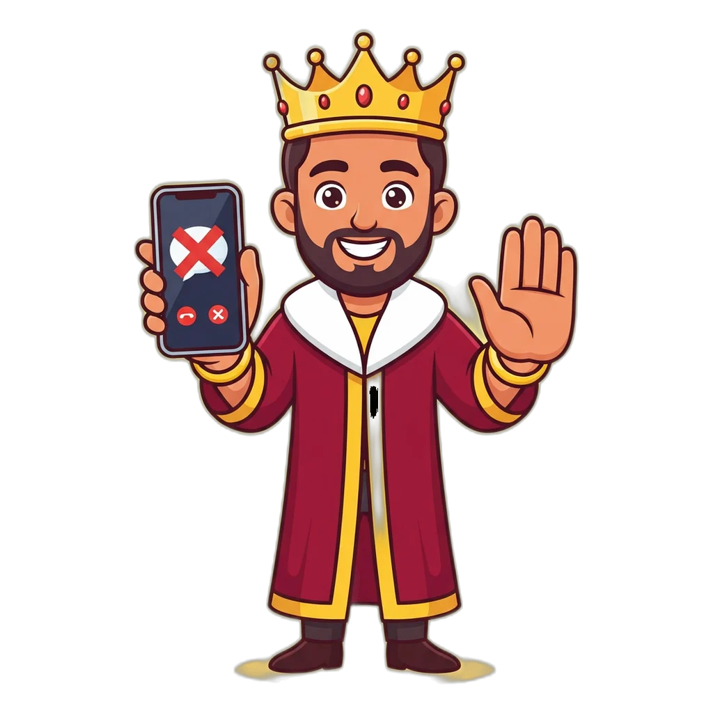 Cartoon king mascot holding a phone with a blocked scam message on the screen