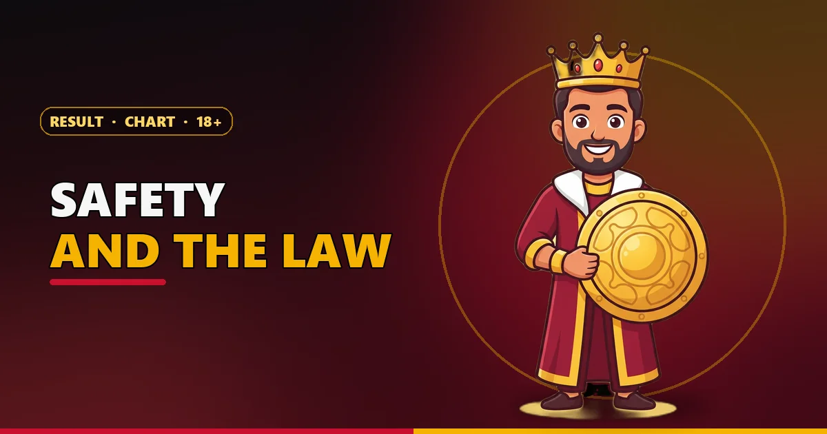 Cartoon king mascot holding a gold shield for the Satta King safety and legal guide