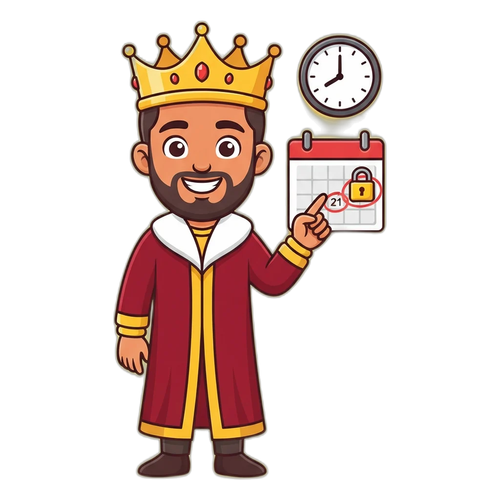Cartoon king mascot beside a calendar and clock, showing the idea of a time and money limit