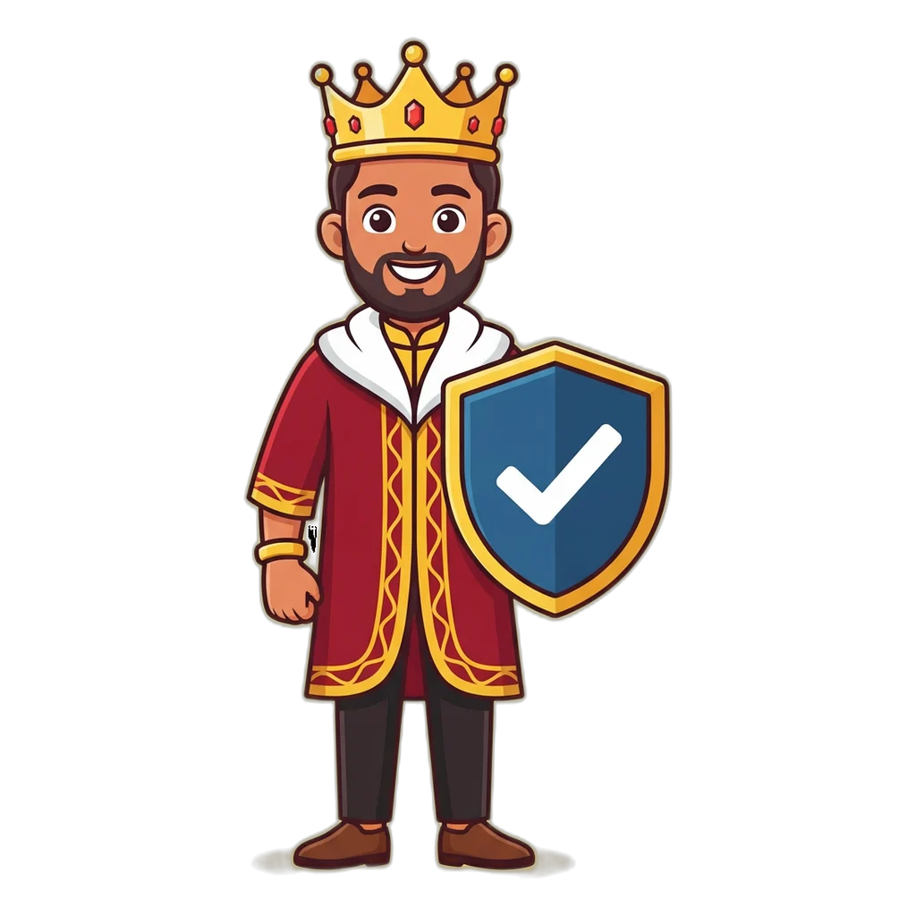 Cartoon king mascot holding a shield, the symbol of the Satta King safety guide