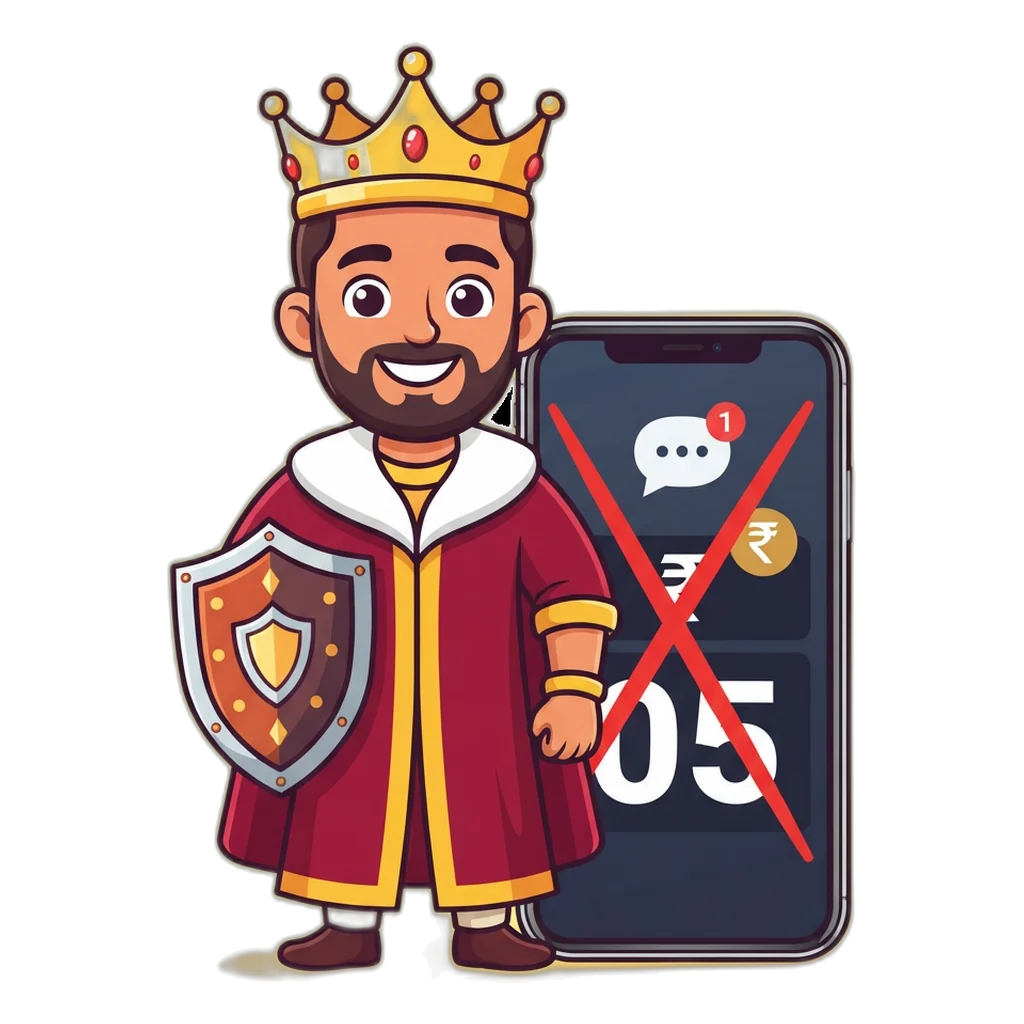 Cartoon king mascot raising a shield against a chat invite that uses the 786 badge to sell a number