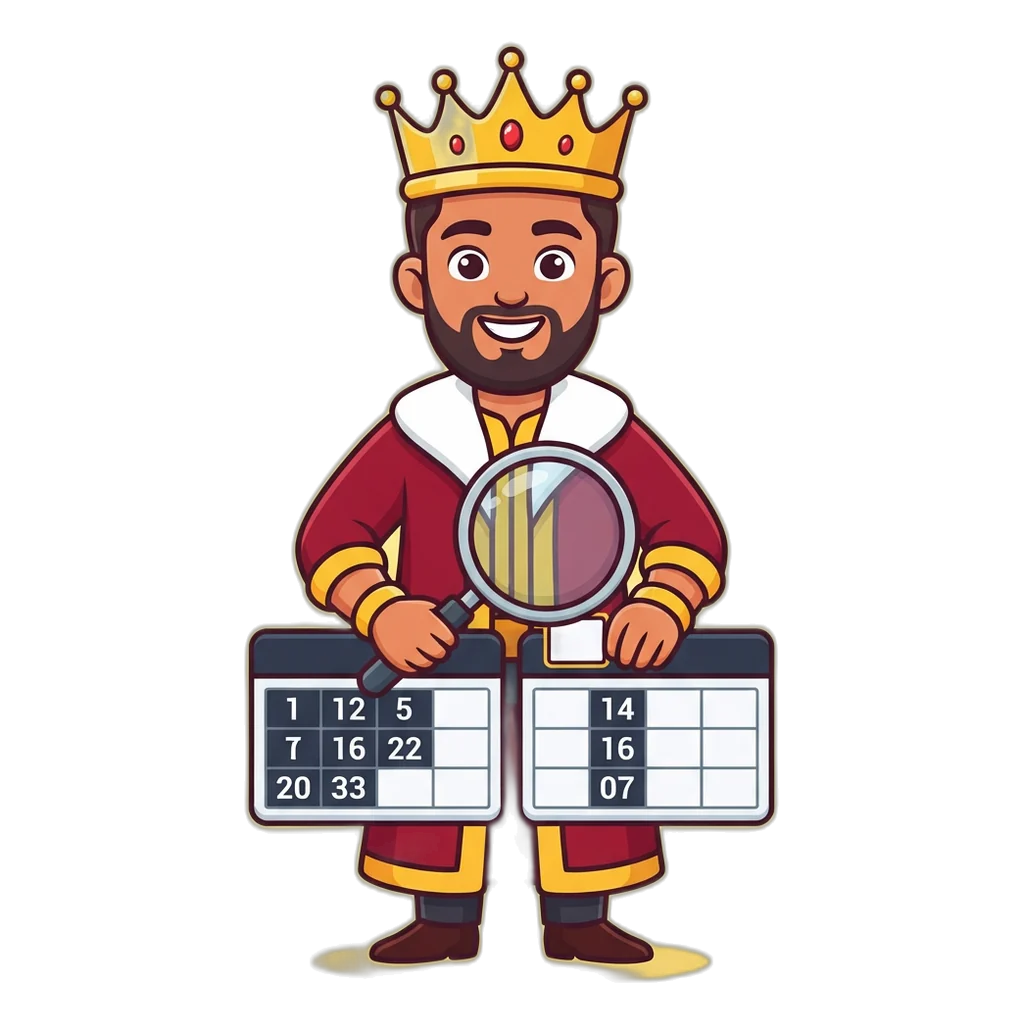 Cartoon king mascot comparing two monthly blocks of the Satta King 2026 chart with a magnifying glass