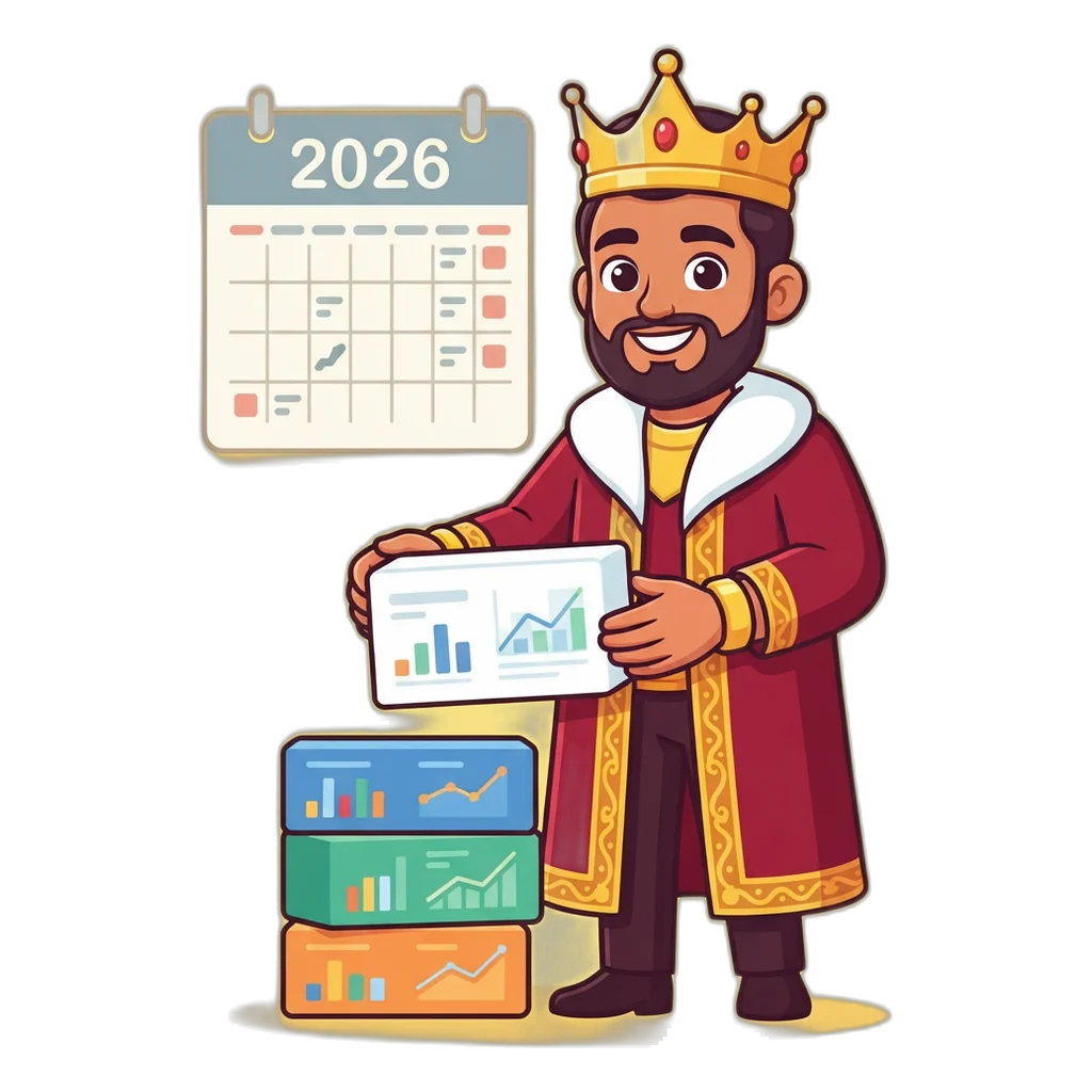 Cartoon king mascot stacking monthly chart blocks to build the Satta King 2026 record