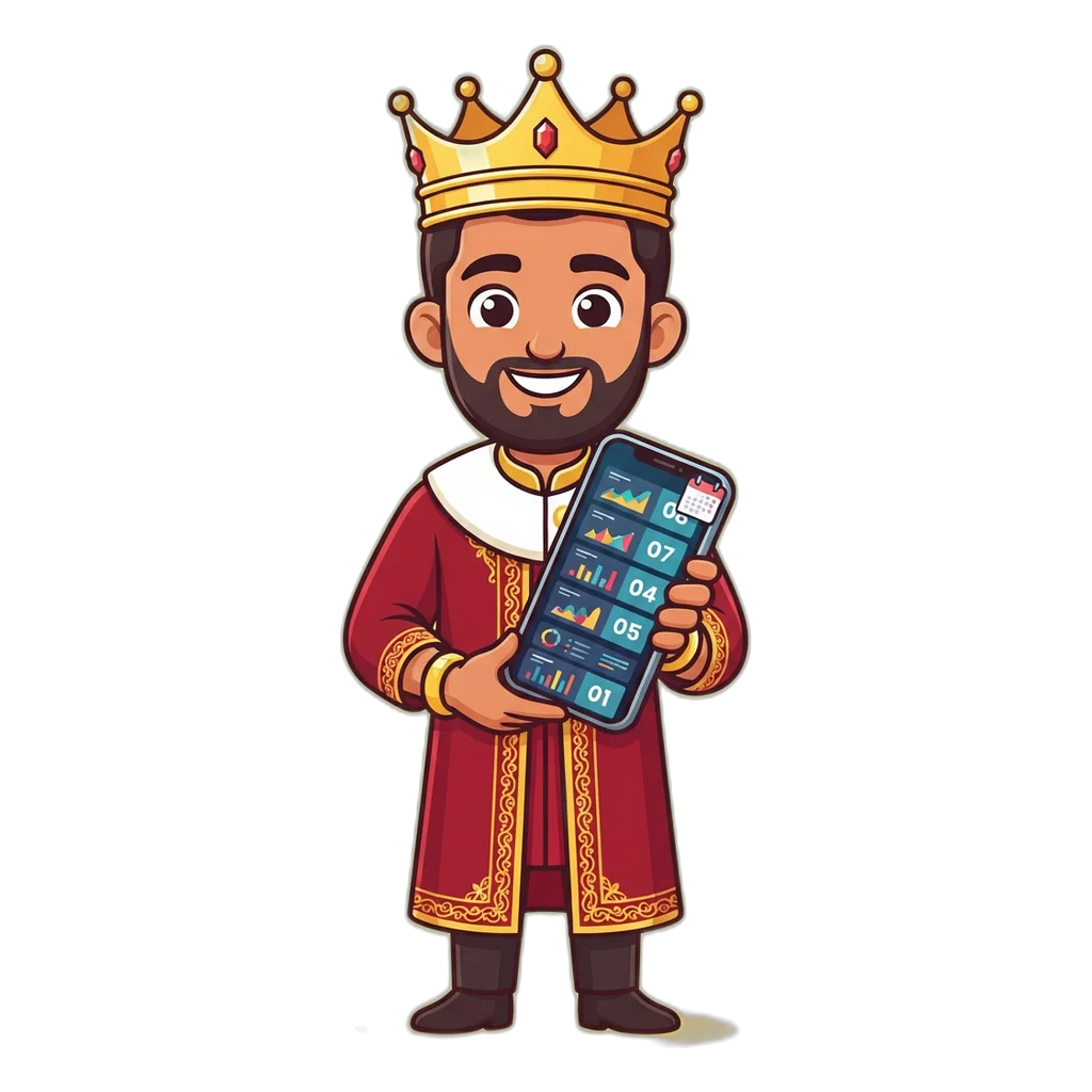 Cartoon king mascot scrolling a phone through the month-by-month Satta King 2026 record