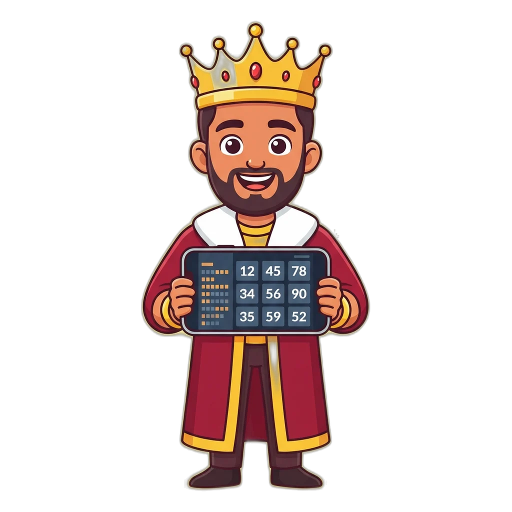 Cartoon king mascot holding a phone sideways to read the four-column Satta King chart