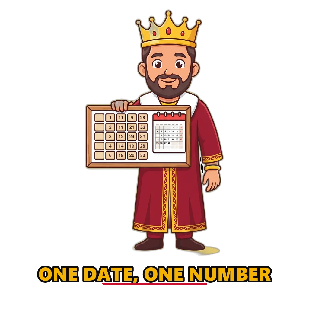 Cartoon king mascot holding a Satta King chart board with a date column and four draw columns