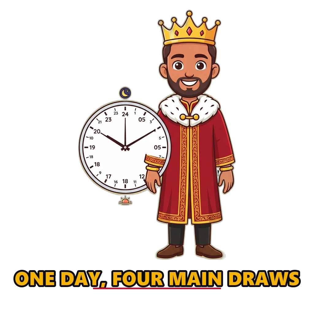 Cartoon king mascot with a 24-hour clock marking the Disawar, Faridabad, Ghaziabad and Gali draw times