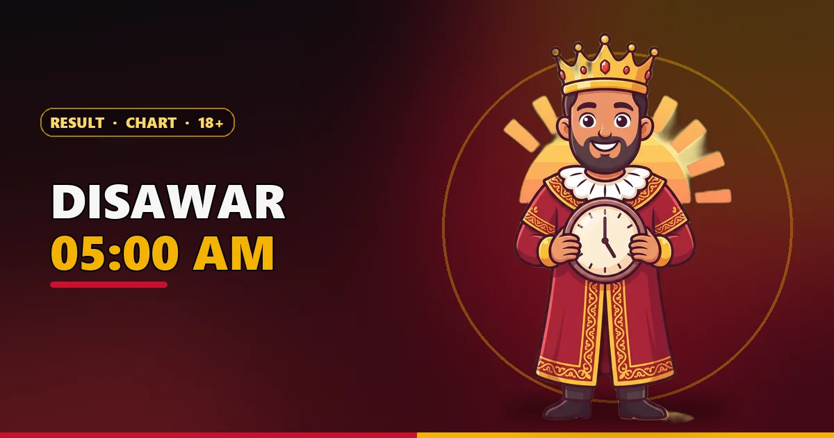 Cartoon king mascot holding a clock at 05:00 AM for the Satta King Disawar page
