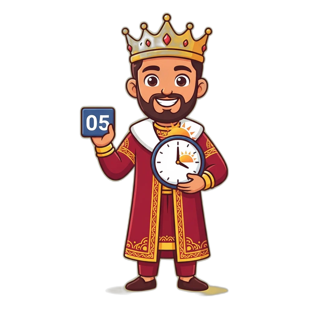 Cartoon king mascot holding a clock at 05:00 AM for the Satta King Disawar draw
