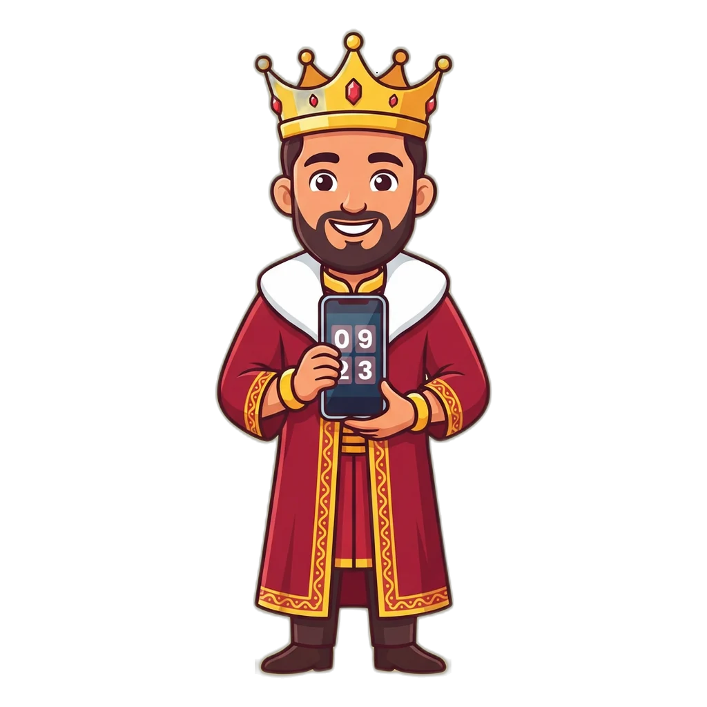 Cartoon king mascot holding a phone showing the Disawar result card