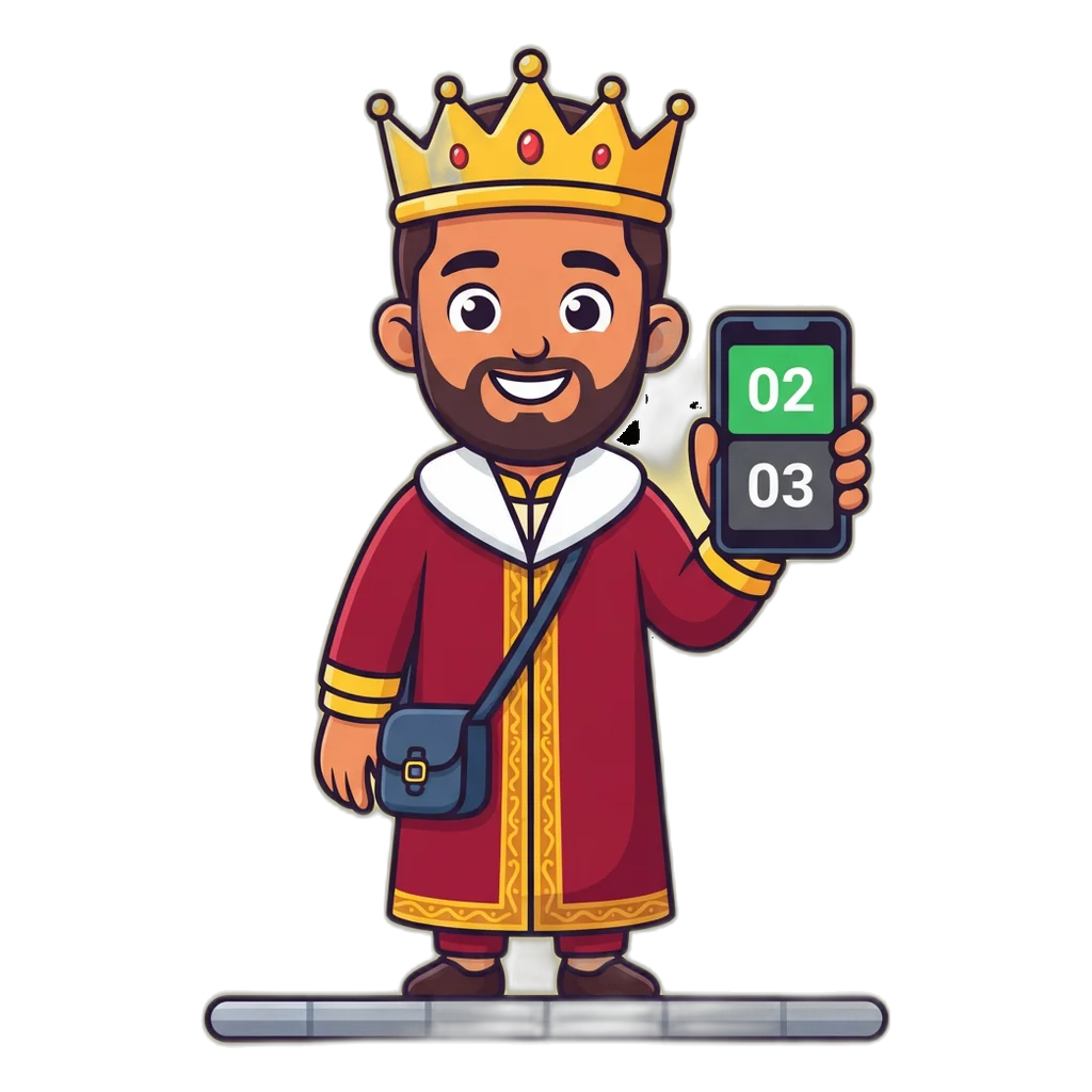 Cartoon king mascot on a metro platform checking the Satta King Faridabad result on a phone
