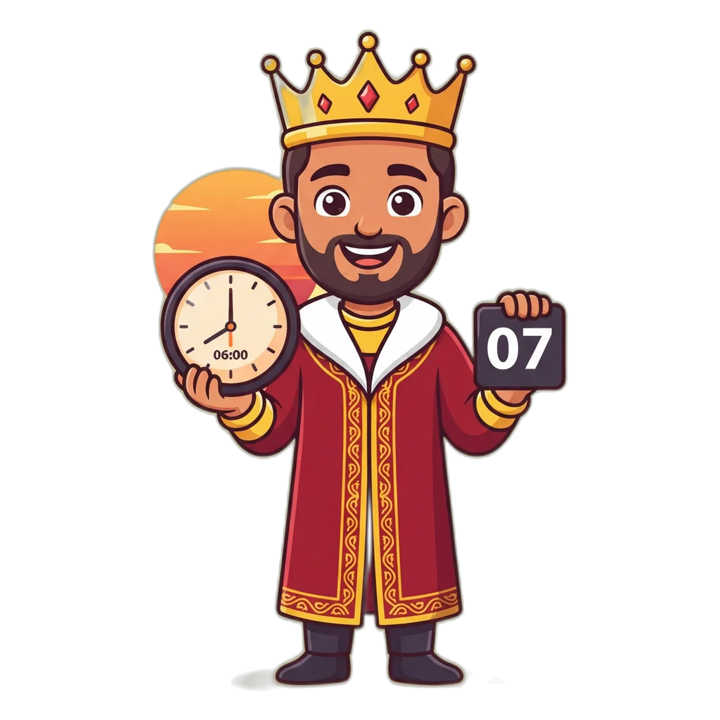Cartoon king mascot holding a clock at 06:00 PM against an evening sun for the Satta King Faridabad draw