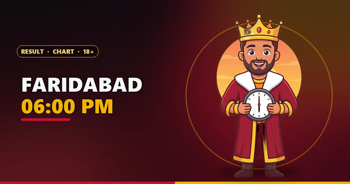 Cartoon king mascot holding a clock at 06:00 PM for the Satta King Faridabad page