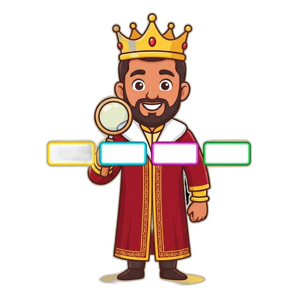 Cartoon king mascot with a magnifying glass over name tags for Faridabad, Old Faridabad, Faridabad Super and Farida Bazar