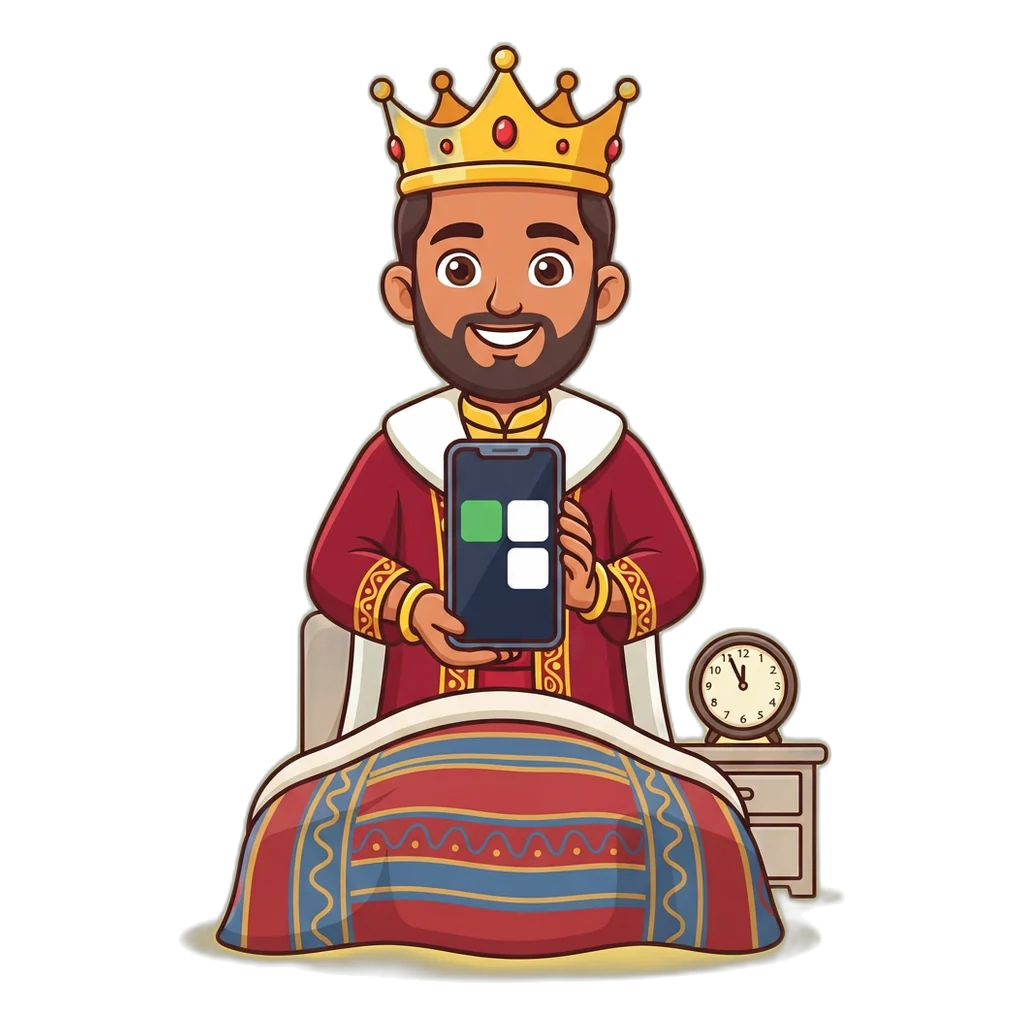 Cartoon king mascot in bed checking the Satta King Gali result on a phone at bedtime