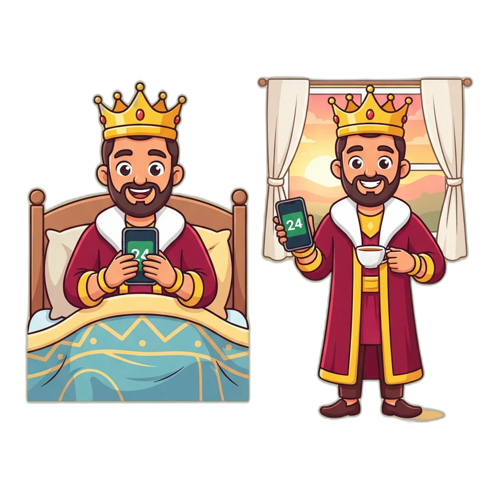 Cartoon king mascot checking the Satta King Gali Disawar board on a phone at bedtime and again at sunrise
