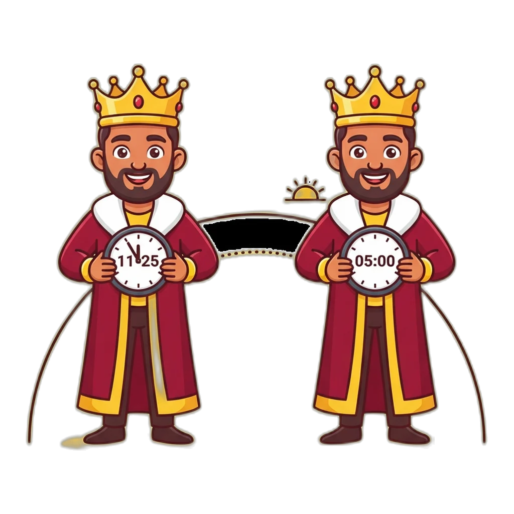 Cartoon king mascot holding clocks at 11:25 PM and 05:00 AM joined by an arc for the Satta King Gali Disawar cycle