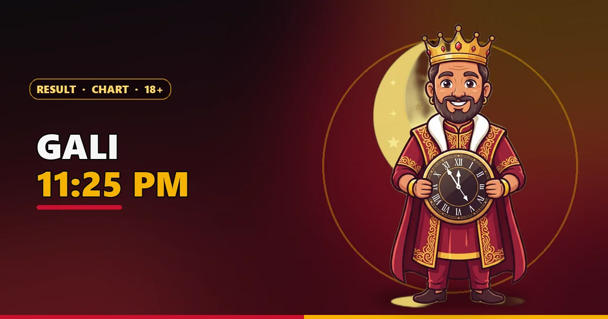 Cartoon king mascot holding a clock at 11:25 PM under the moon for the Satta King Gali page