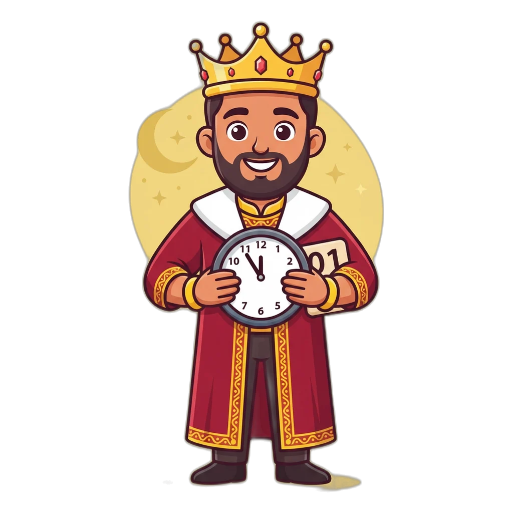 Cartoon king mascot holding a clock at 11:25 PM under a crescent moon for the Satta King Gali draw