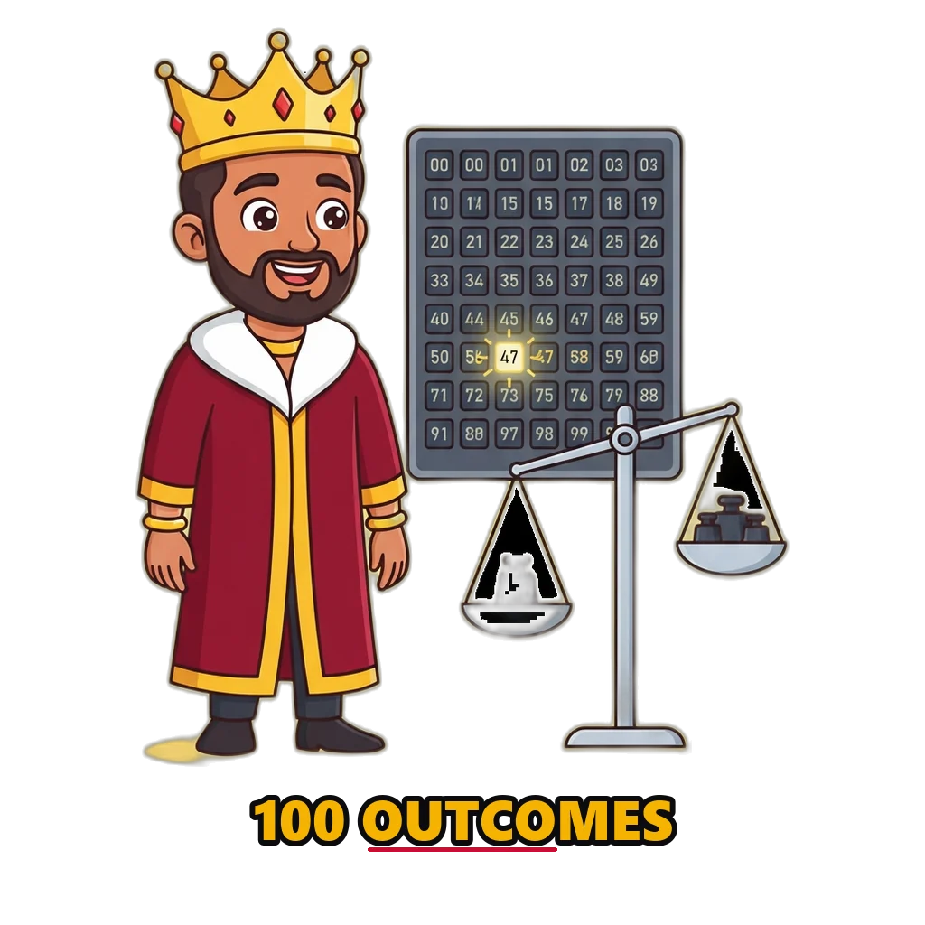 Cartoon king mascot beside a board of one hundred number tiles with a single tile lit