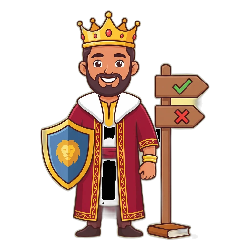 Cartoon king mascot with a shield beside a signpost separating reading a result from betting on it