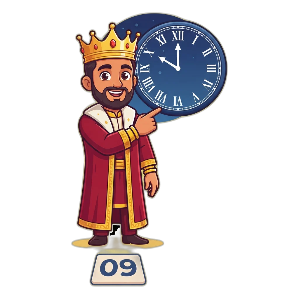 Cartoon king mascot pointing at a clock showing five minutes to ten for the Satta King Ghaziabad draw