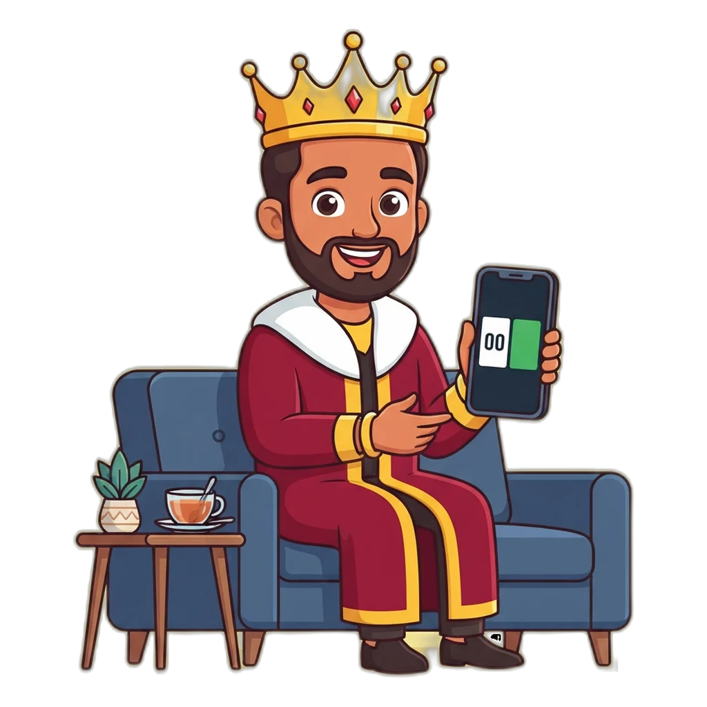 Cartoon king mascot on a sofa checking the Satta King Ghaziabad result on a phone just before ten