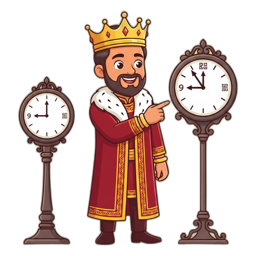 Cartoon king mascot between two clocks ten minutes apart labelled New Ghaziabad and Ghaziabad