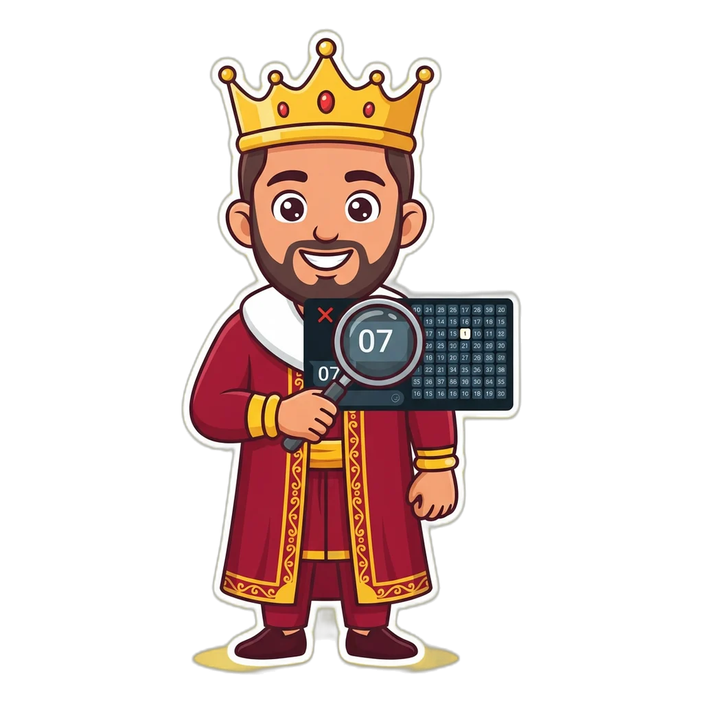 Cartoon king mascot examining a VIP khabar message beside a grid of one hundred number tiles