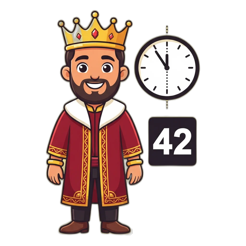 Cartoon king mascot beside a clock showing that Satta King khabar is only real after the draw time