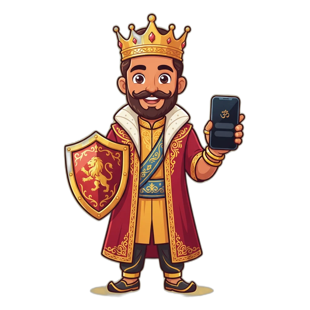 Cartoon king mascot holding a shield and a phone showing the 1930 and 14416 helplines
