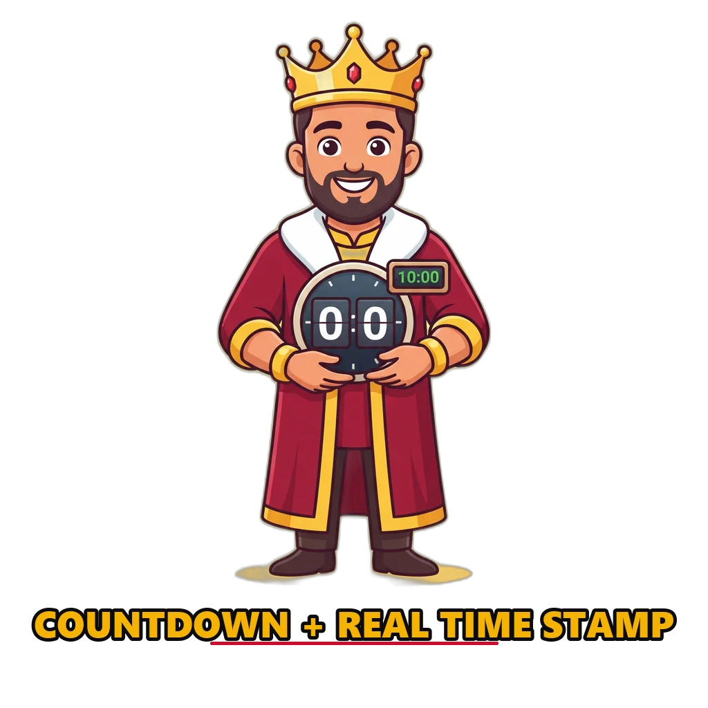 Cartoon king mascot with a countdown clock beside the Satta King live board and its updated stamp