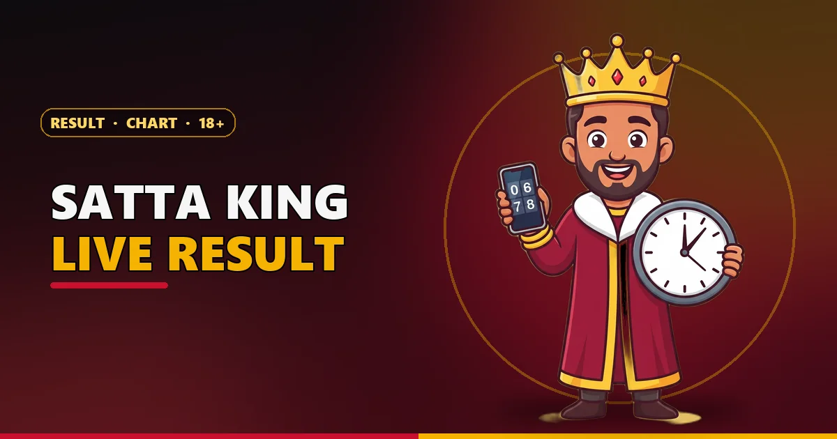 Cartoon king mascot with a clock and a phone for the Satta King live result page