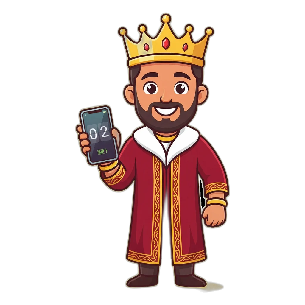 Cartoon king mascot holding a phone with the Satta King live board open and a battery icon beside it