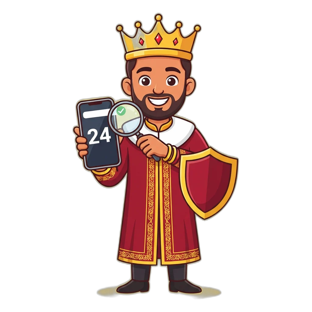 Cartoon king mascot checking a phone's address bar with a magnifying glass