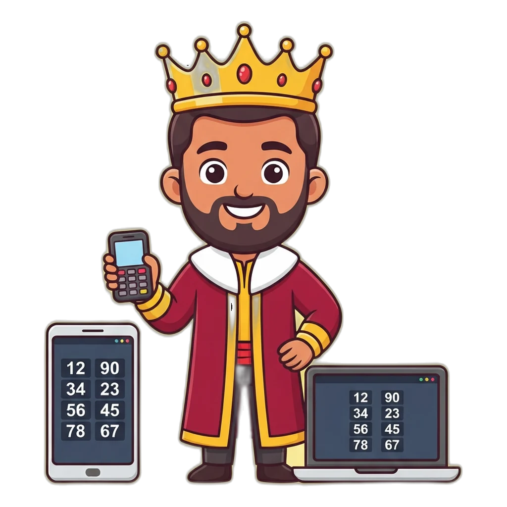 Cartoon king mascot showing the Satta King online result board on a phone, a basic phone and a laptop