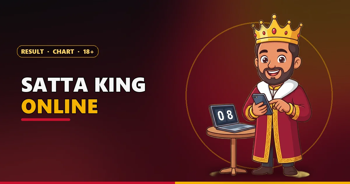 Cartoon king mascot checking results on a phone and laptop for the Satta King online guide