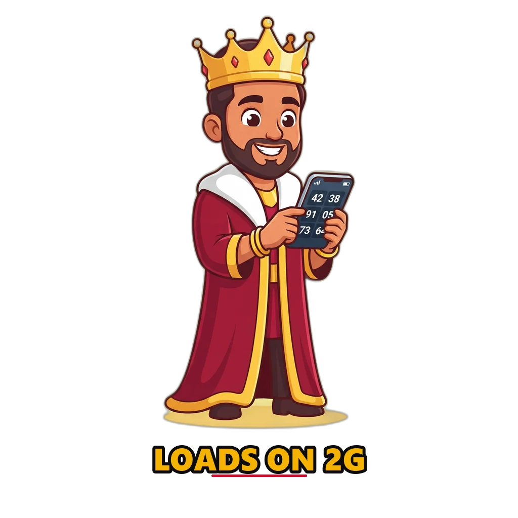 Cartoon king mascot holding a phone with one bar of signal and the result board loaded