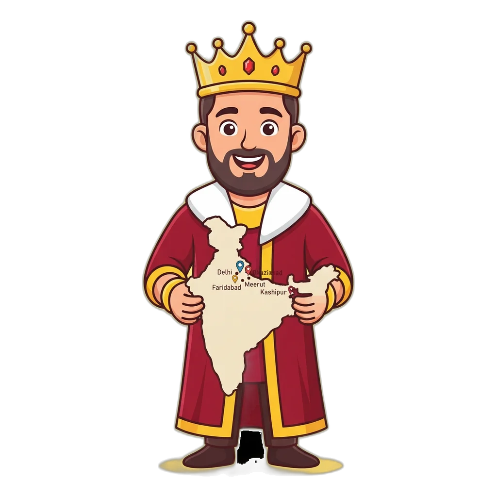 Cartoon king mascot holding a map with pins for Delhi, Faridabad, Ghaziabad and other draw cities