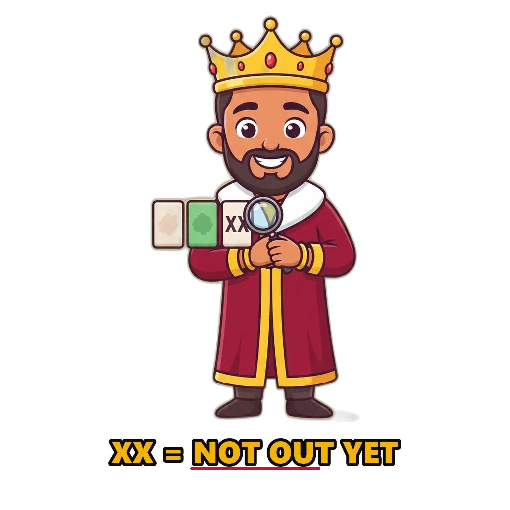 Cartoon king mascot with a magnifying glass over a Satta King result board showing yesterday, today and XX