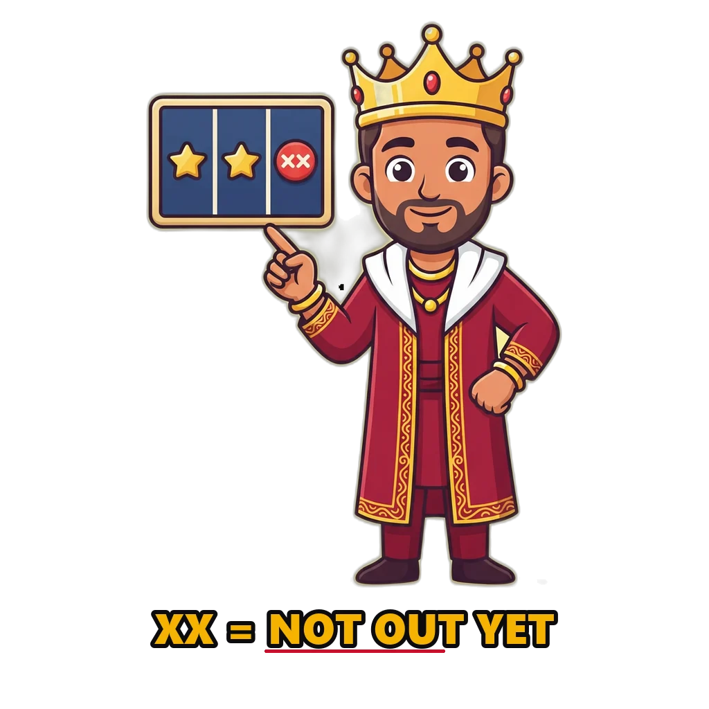 Cartoon king mascot pointing at a Satta King result board with yesterday and today columns