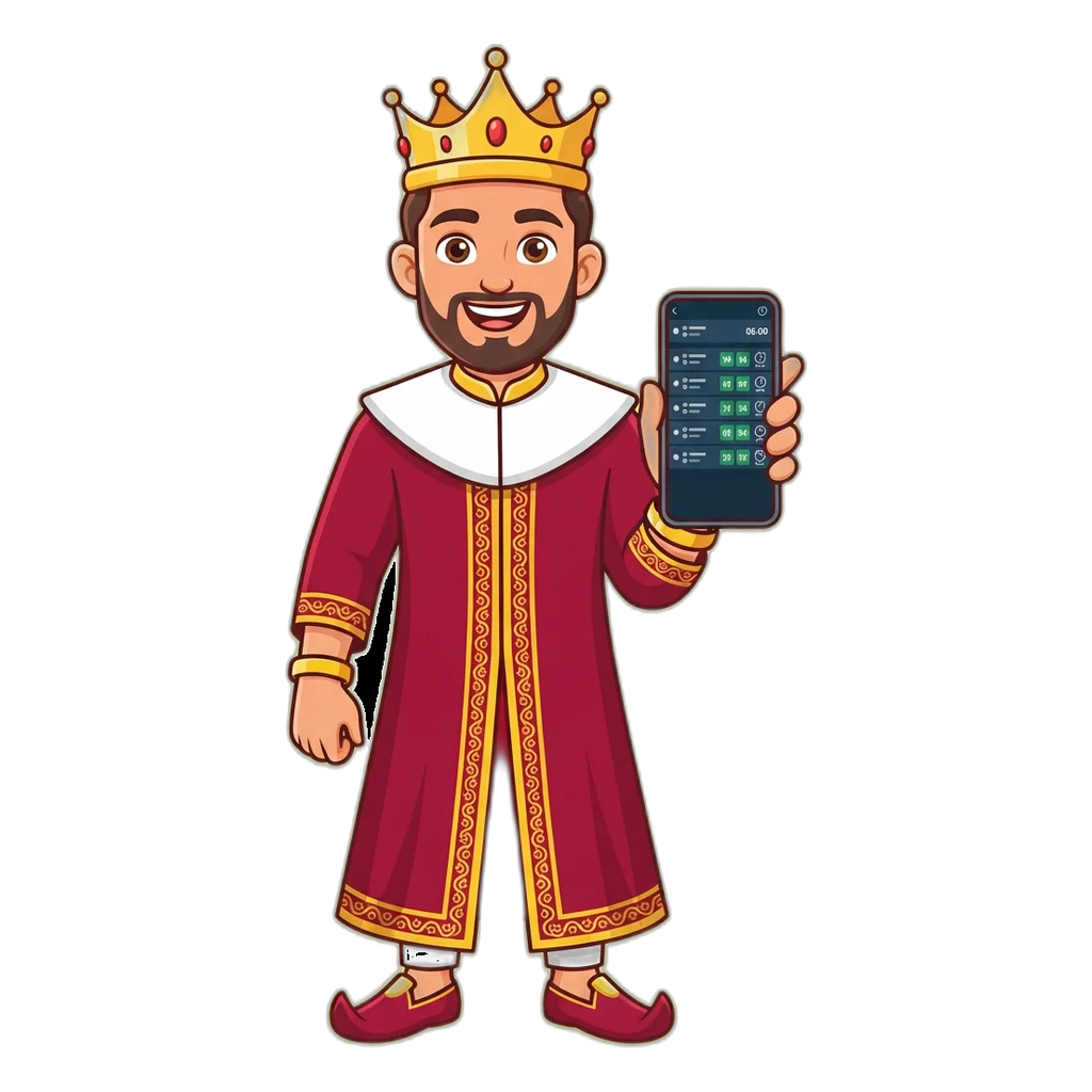 Cartoon king mascot holding a phone that shows the Satta King result board in portrait